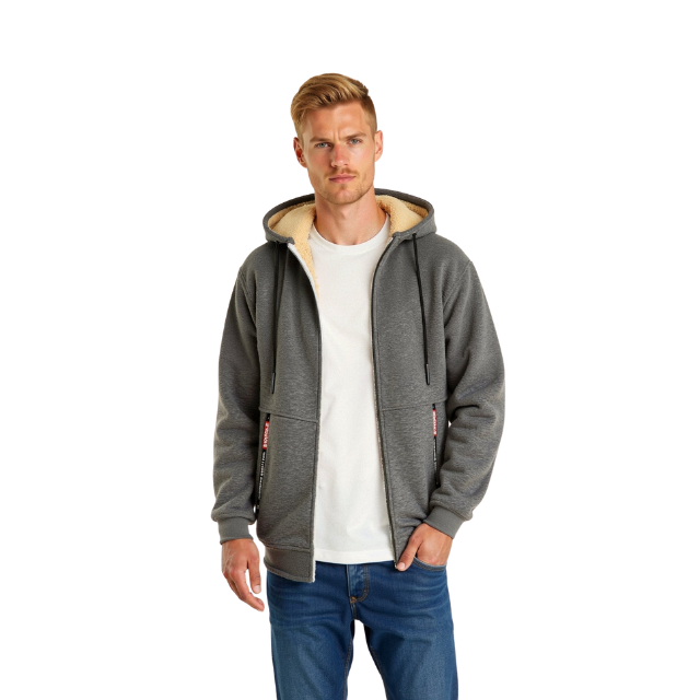 Herre hoodie med sherpa foring og lynlås – varm og funktionel til efterår og vinter