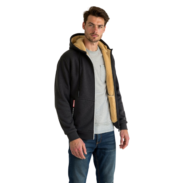 Herre hoodie med sherpa foring og lynlås – varm og funktionel til efterår og vinter