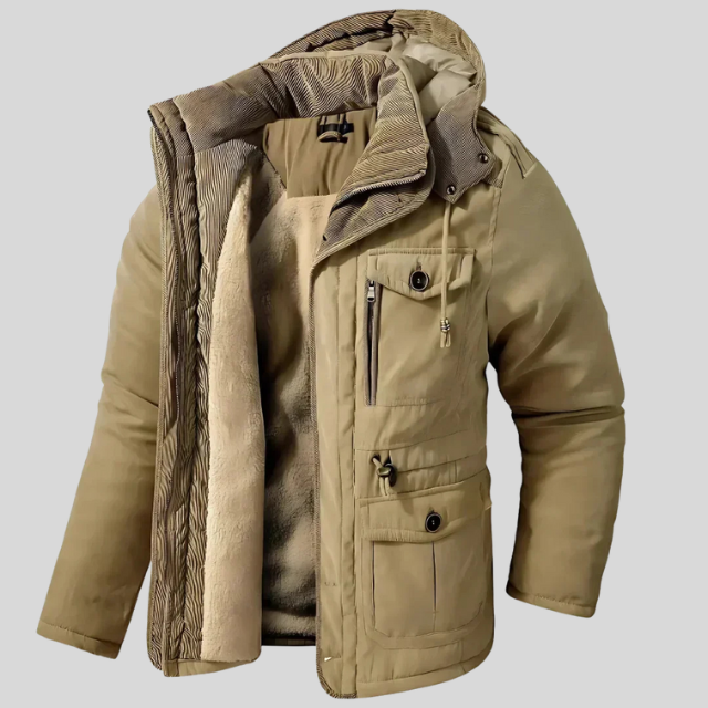 HERREVINTERJAKKE MED LYNLÅS OG HÆTTE | FLERE LOMMER