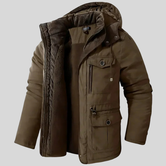 HERREVINTERJAKKE MED LYNLÅS OG HÆTTE | FLERE LOMMER