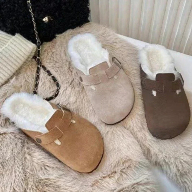 Vinter træsko til kvinder med blødt teddybetræk, korksål og skridsikker gummisål