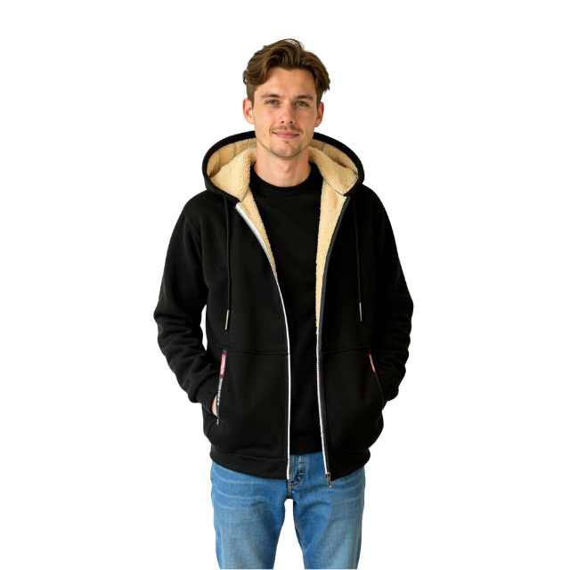 Herre hoodie med sherpa foring og lynlås – varm og funktionel til efterår og vinter